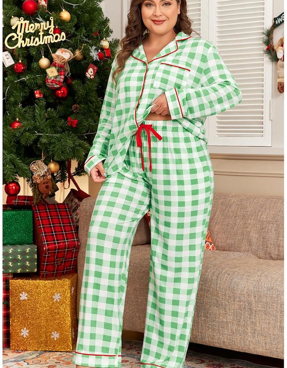 Green Plaid Print Contrast Trim Long Sleeve Plus Size Pajama Set