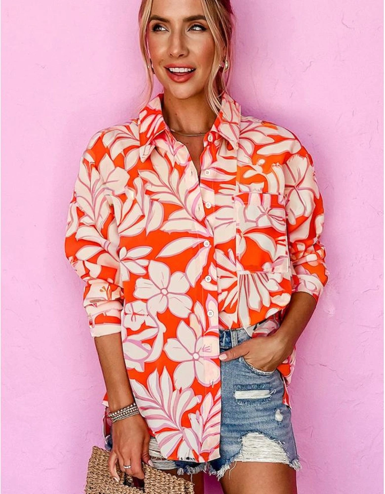 Orange Botanical Print Single Chest Pocket Button Up Shirt