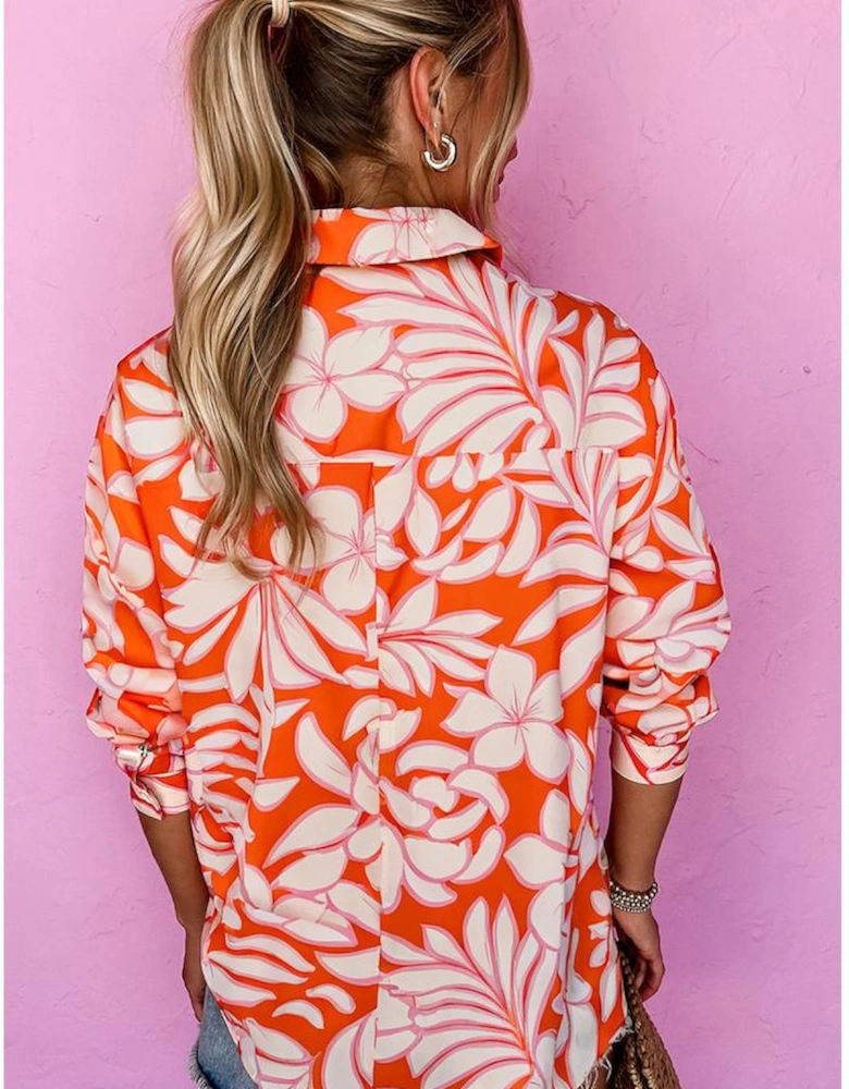 Orange Botanical Print Single Chest Pocket Button Up Shirt