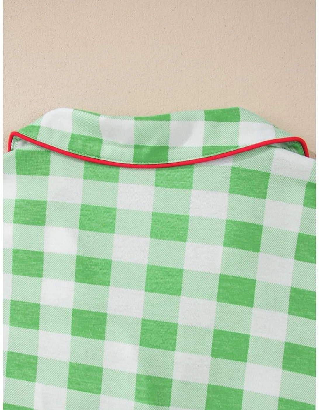 Green Plaid Print Contrast Trim Long Sleeve Plus Size Pajama Set