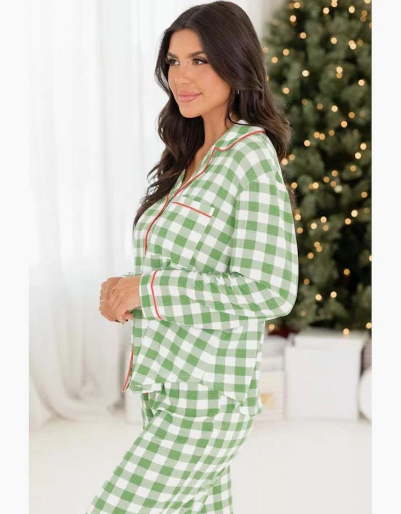 Green Plaid Print Contrast Trim Long Sleeve Plus Size Pajama Set