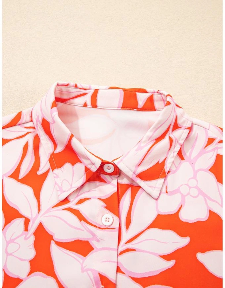 Orange Botanical Print Single Chest Pocket Button Up Shirt