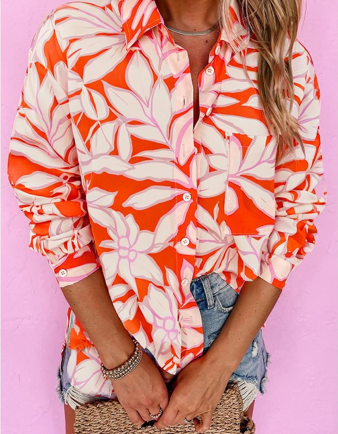 Orange Botanical Print Single Chest Pocket Button Up Shirt