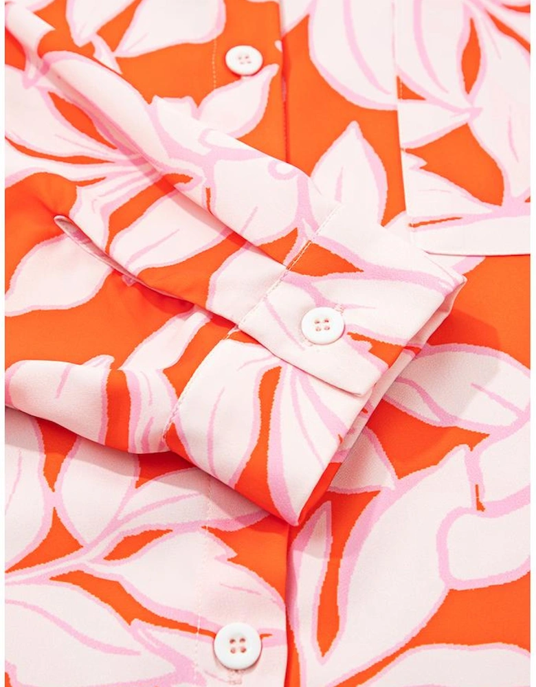 Orange Botanical Print Single Chest Pocket Button Up Shirt