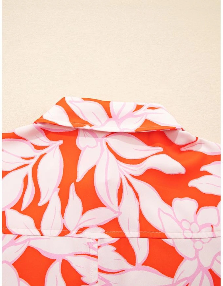 Orange Botanical Print Single Chest Pocket Button Up Shirt