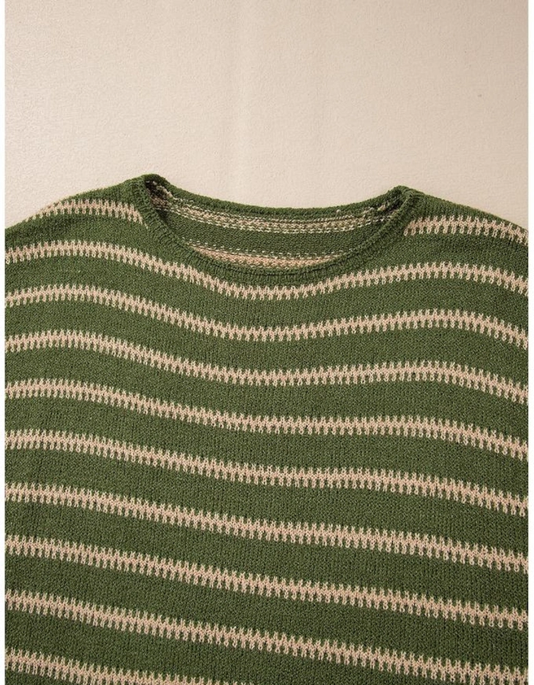Green Stripe Drop Shoulder Casual Sweater