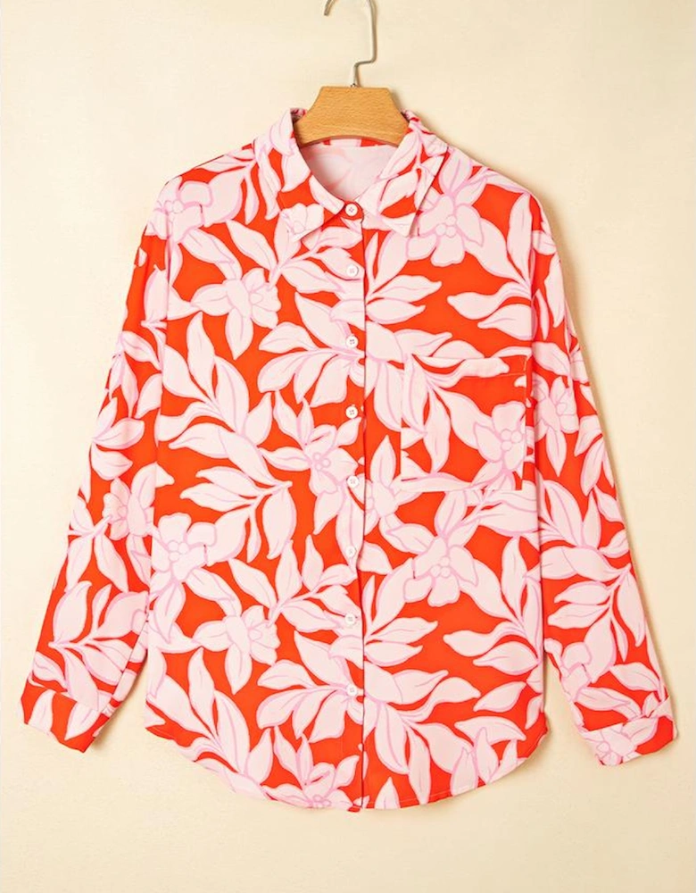 Orange Botanical Print Single Chest Pocket Button Up Shirt