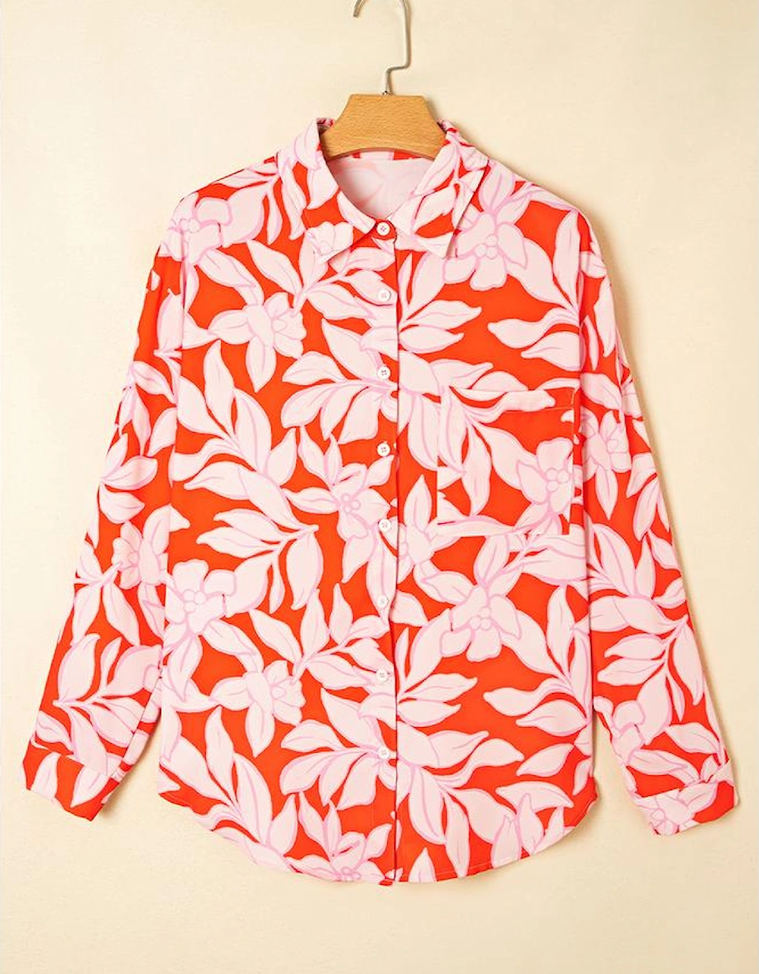 Orange Botanical Print Single Chest Pocket Button Up Shirt