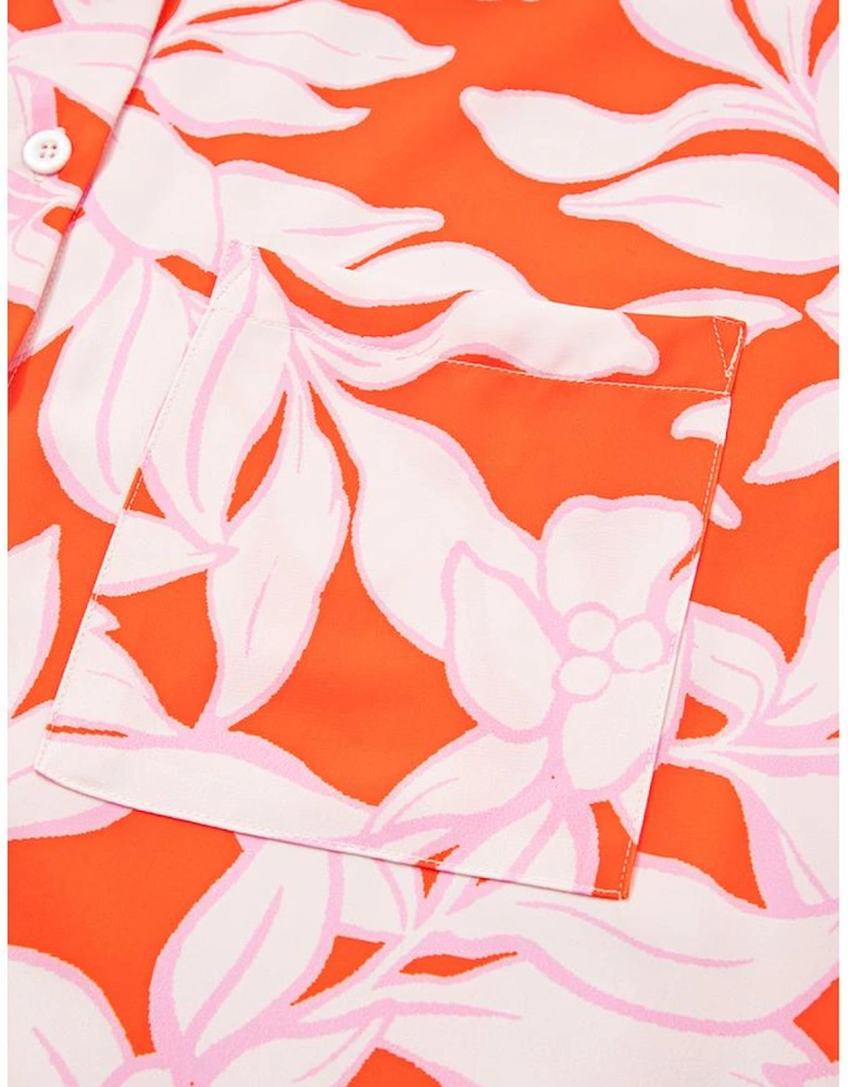 Orange Botanical Print Single Chest Pocket Button Up Shirt