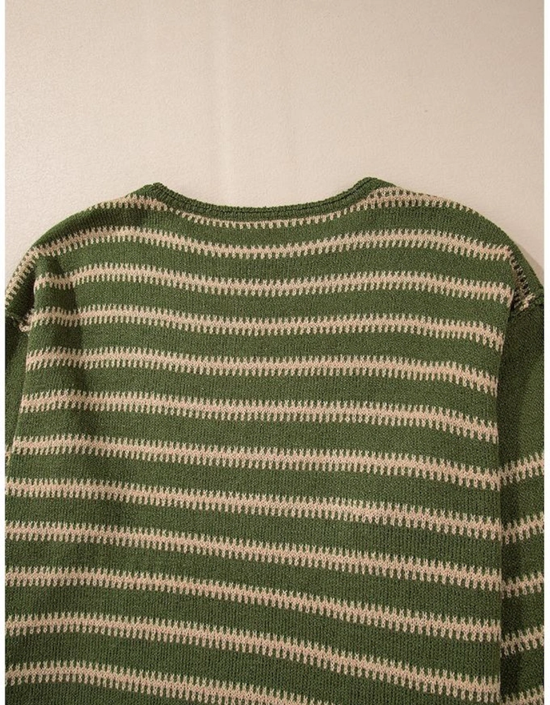 Green Stripe Drop Shoulder Casual Sweater