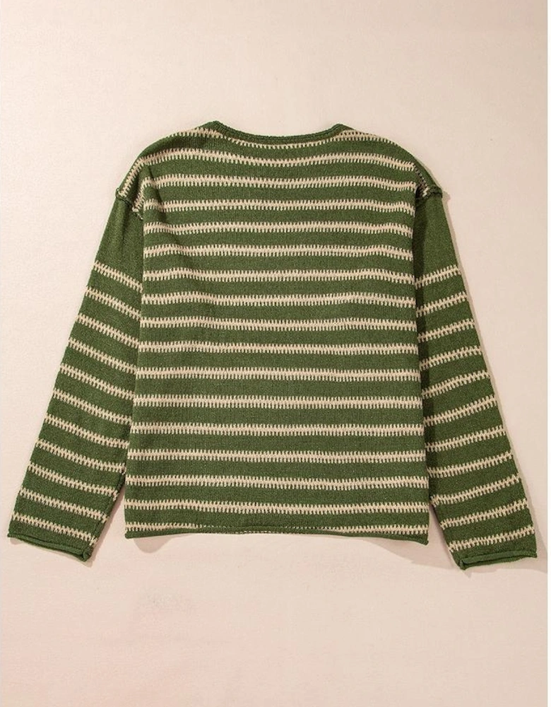 Green Stripe Drop Shoulder Casual Sweater