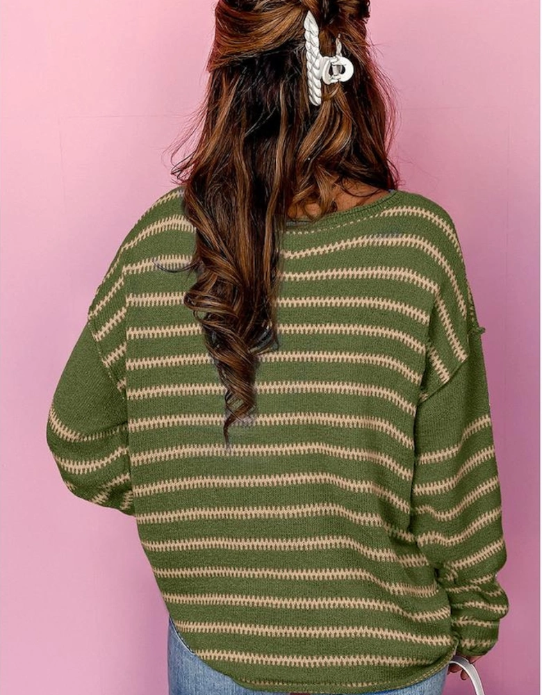 Green Stripe Drop Shoulder Casual Sweater
