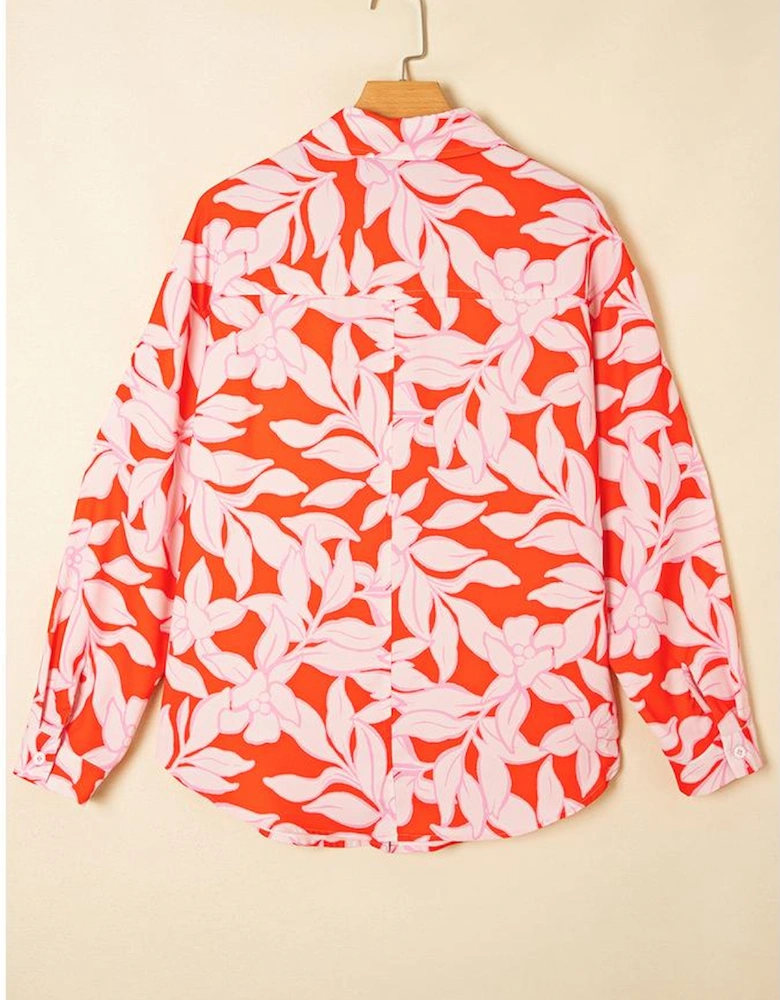 Orange Botanical Print Single Chest Pocket Button Up Shirt