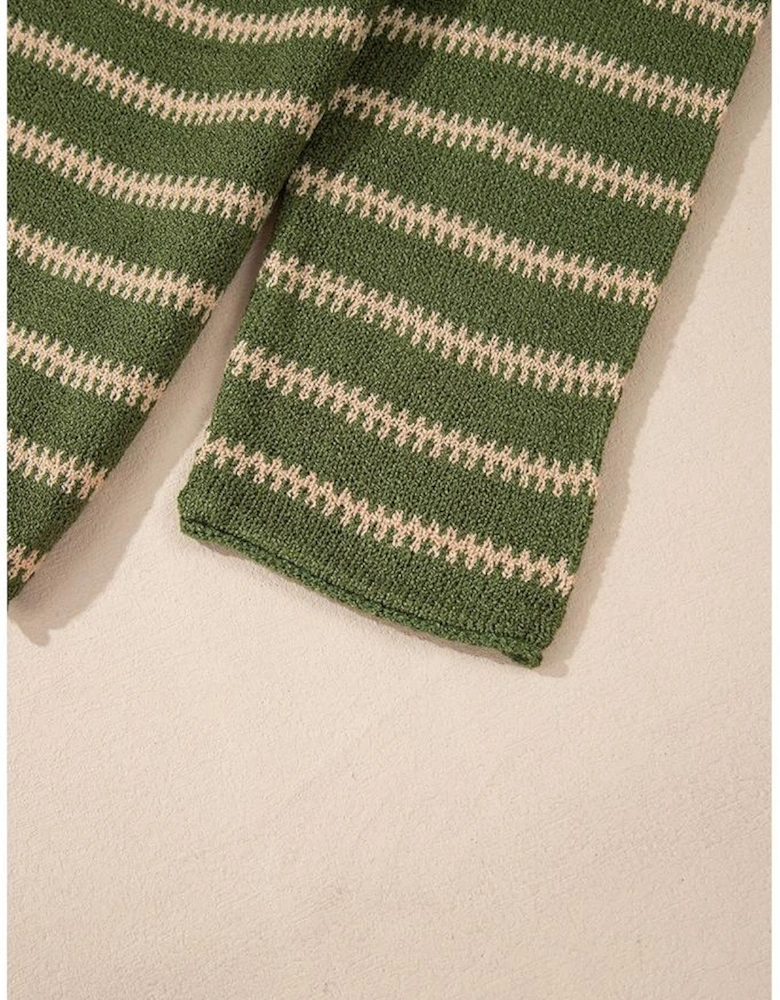 Green Stripe Drop Shoulder Casual Sweater