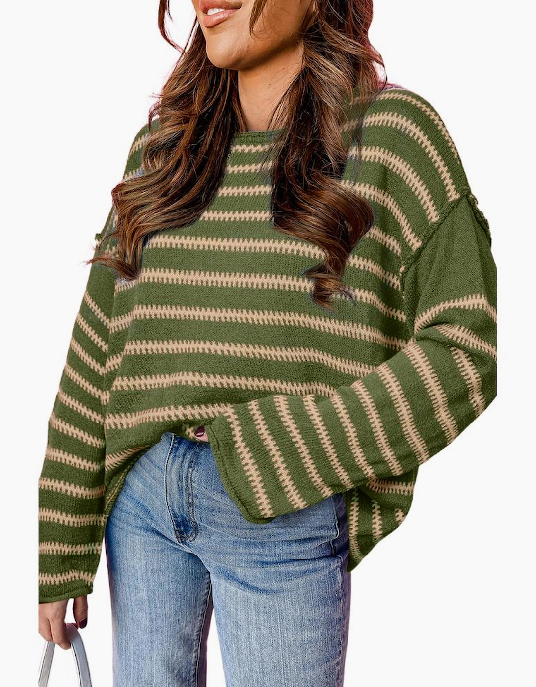 Green Stripe Drop Shoulder Casual Sweater