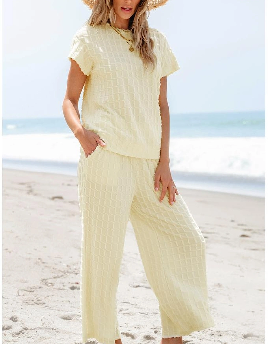 Apricot Metallic Lattice Textured Casual Two Piece Set