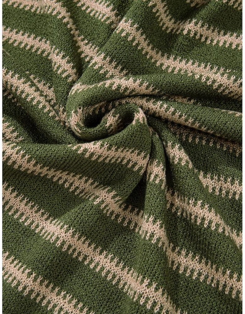 Green Stripe Drop Shoulder Casual Sweater
