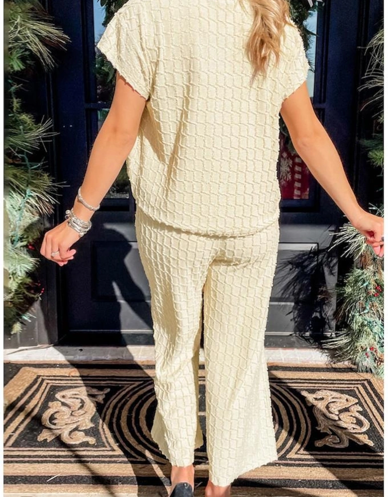 Apricot Metallic Lattice Textured Casual Two Piece Set