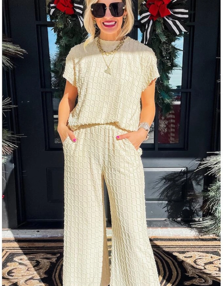 Apricot Metallic Lattice Textured Casual Two Piece Set