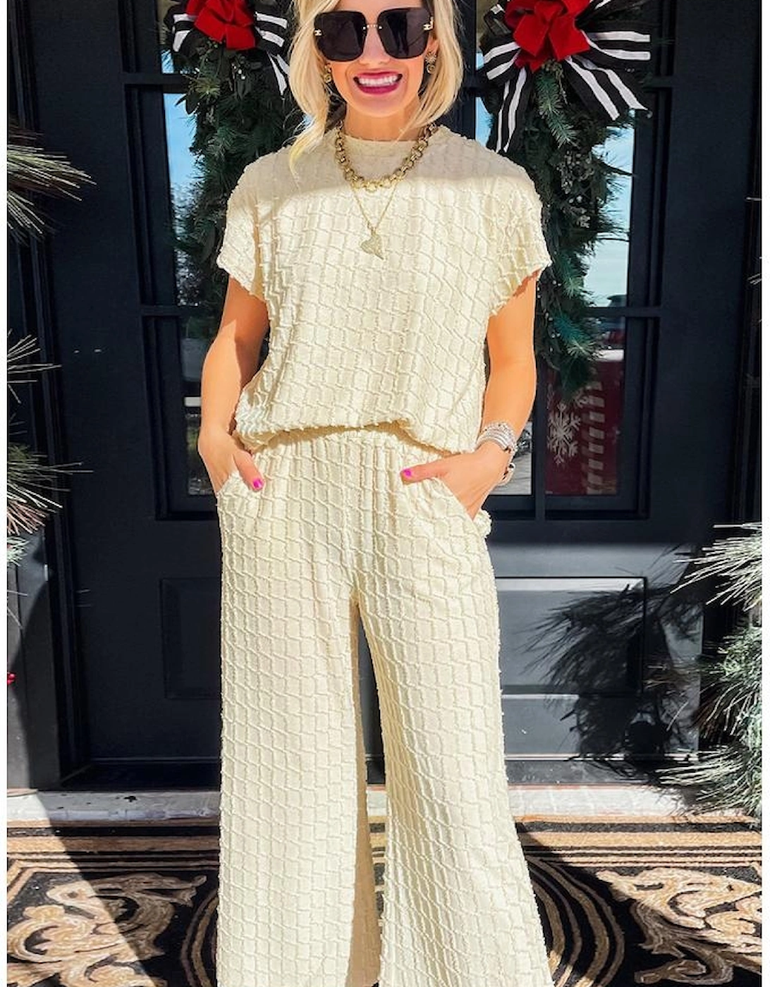 Apricot Metallic Lattice Textured Casual Two Piece Set