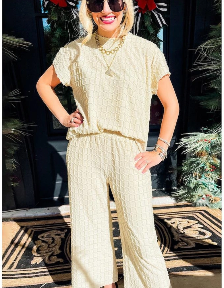 Apricot Metallic Lattice Textured Casual Two Piece Set