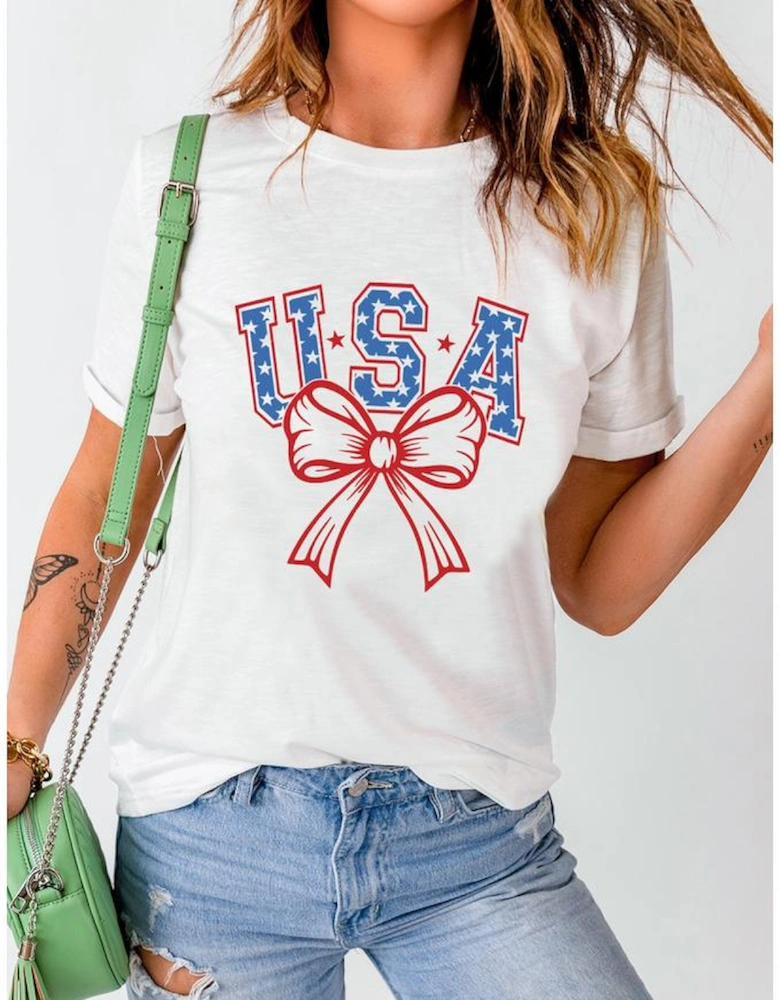 White USA Bow Letter Graphic Short Sleeve Top