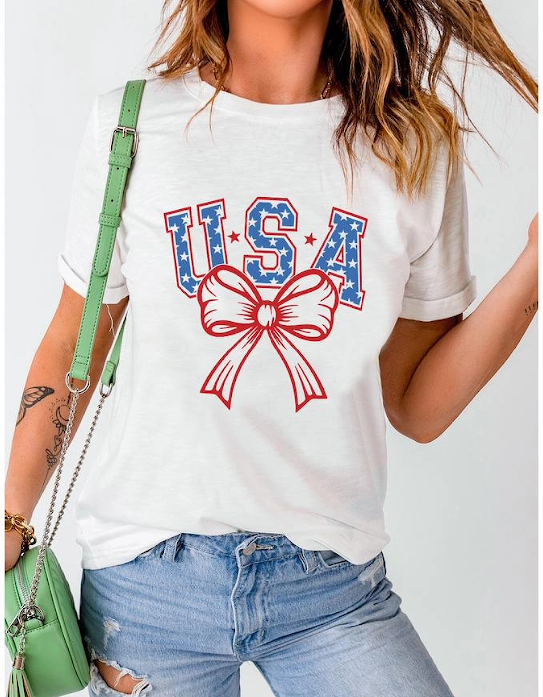 White USA Bow Letter Graphic Short Sleeve Top