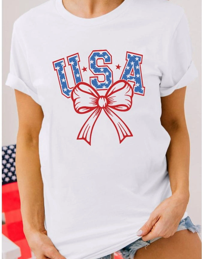 White USA Bow Letter Graphic Short Sleeve Top