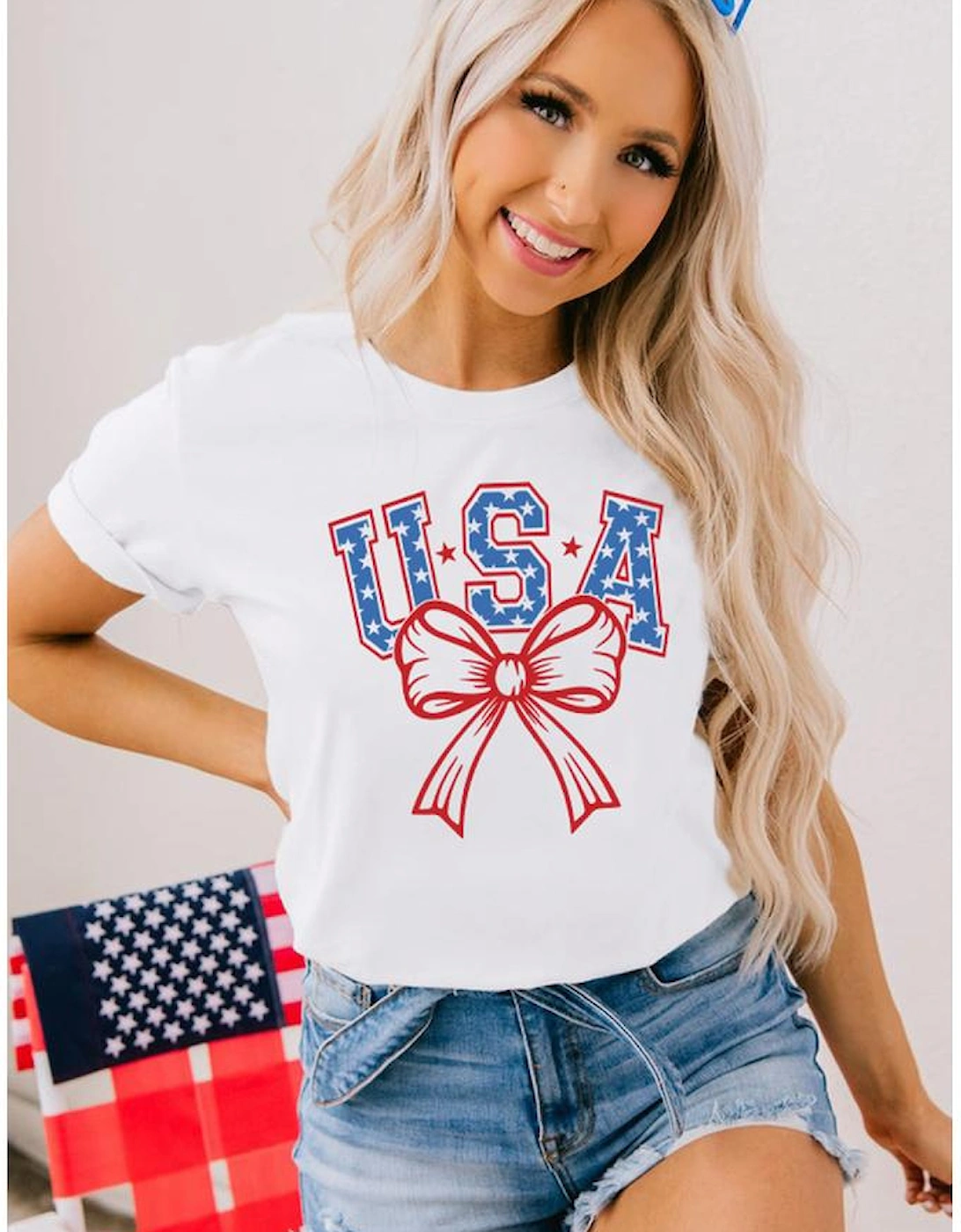 White USA Bow Letter Graphic Short Sleeve Top