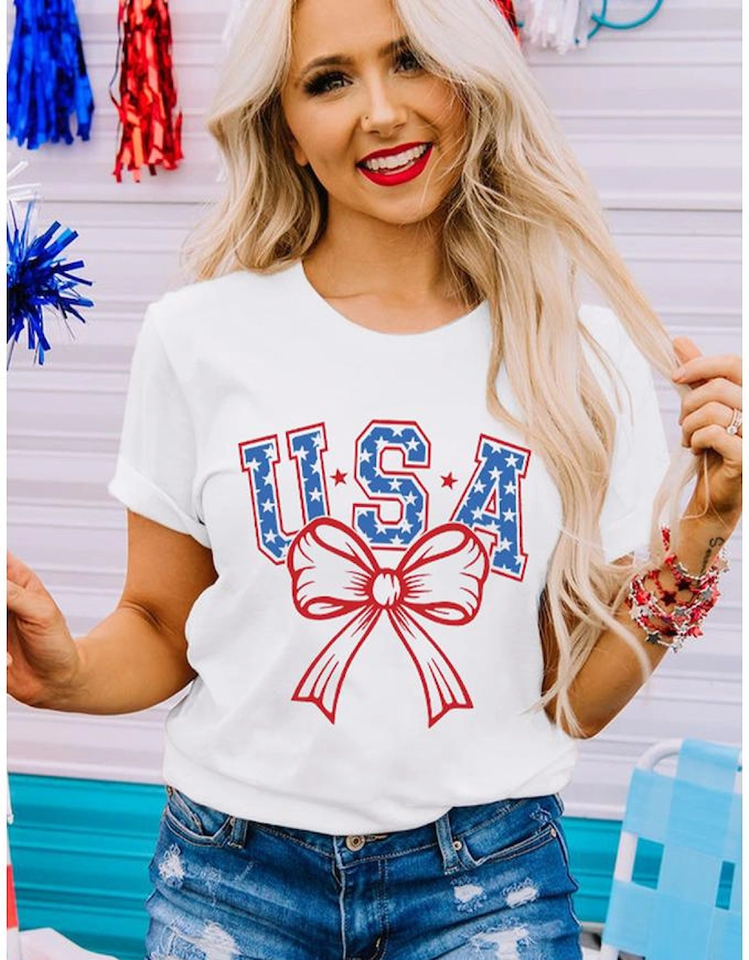 White USA Bow Letter Graphic Short Sleeve Top