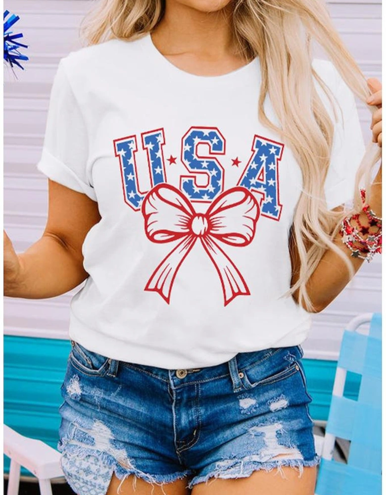 White USA Bow Letter Graphic Short Sleeve Top