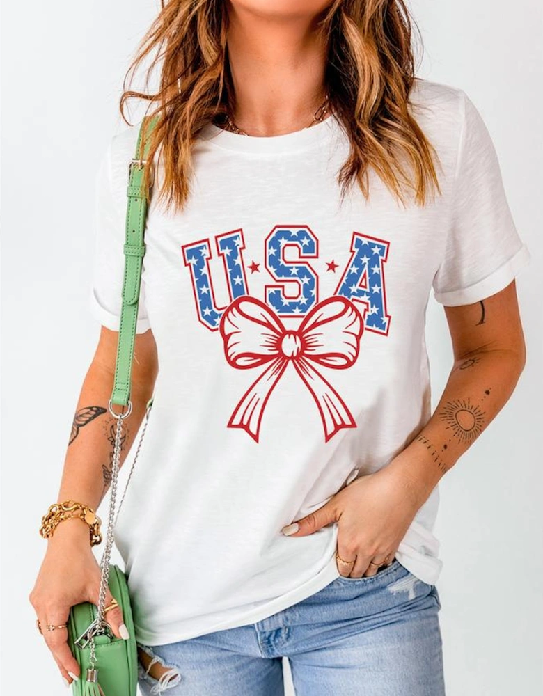 White USA Bow Letter Graphic Short Sleeve Top