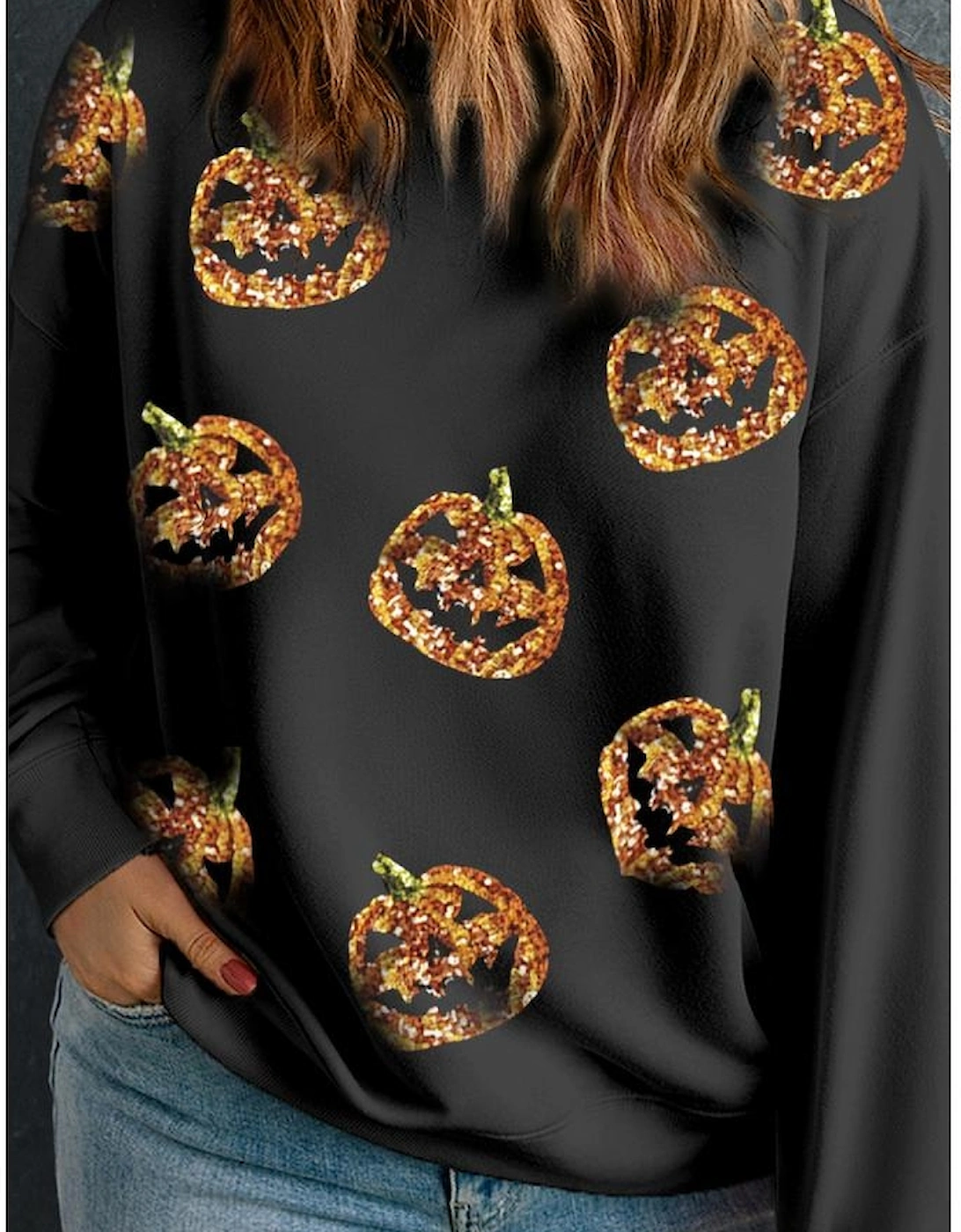 Black Sequin Pumpkin Face Graphic Plus Size Halloween Sweatshirt, 3 of 2