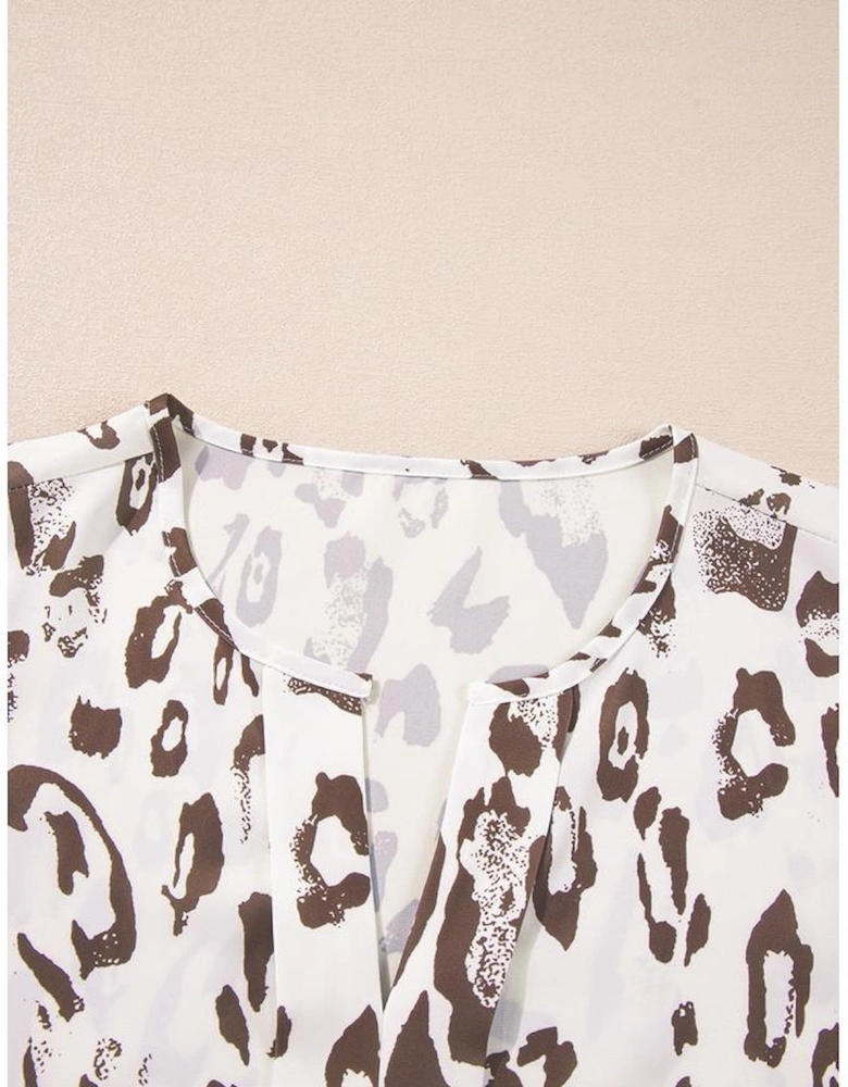 Khaki Leopard Print Split Neck Balloon Sleeve Blouse