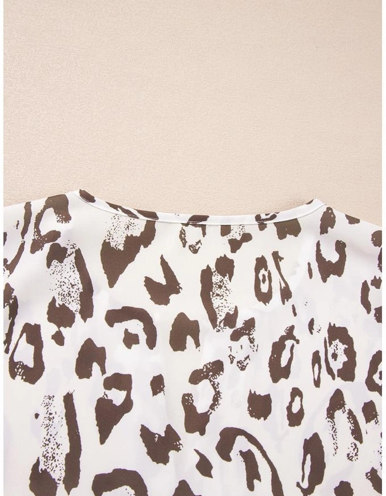 Khaki Leopard Print Split Neck Balloon Sleeve Blouse
