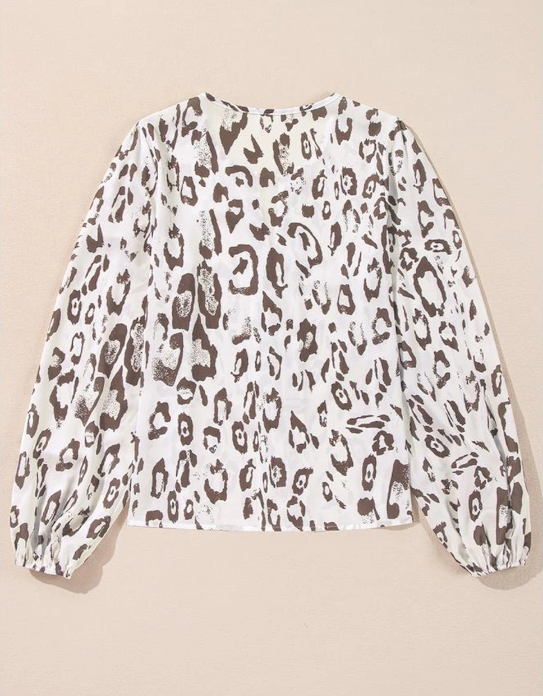 Khaki Leopard Print Split Neck Balloon Sleeve Blouse