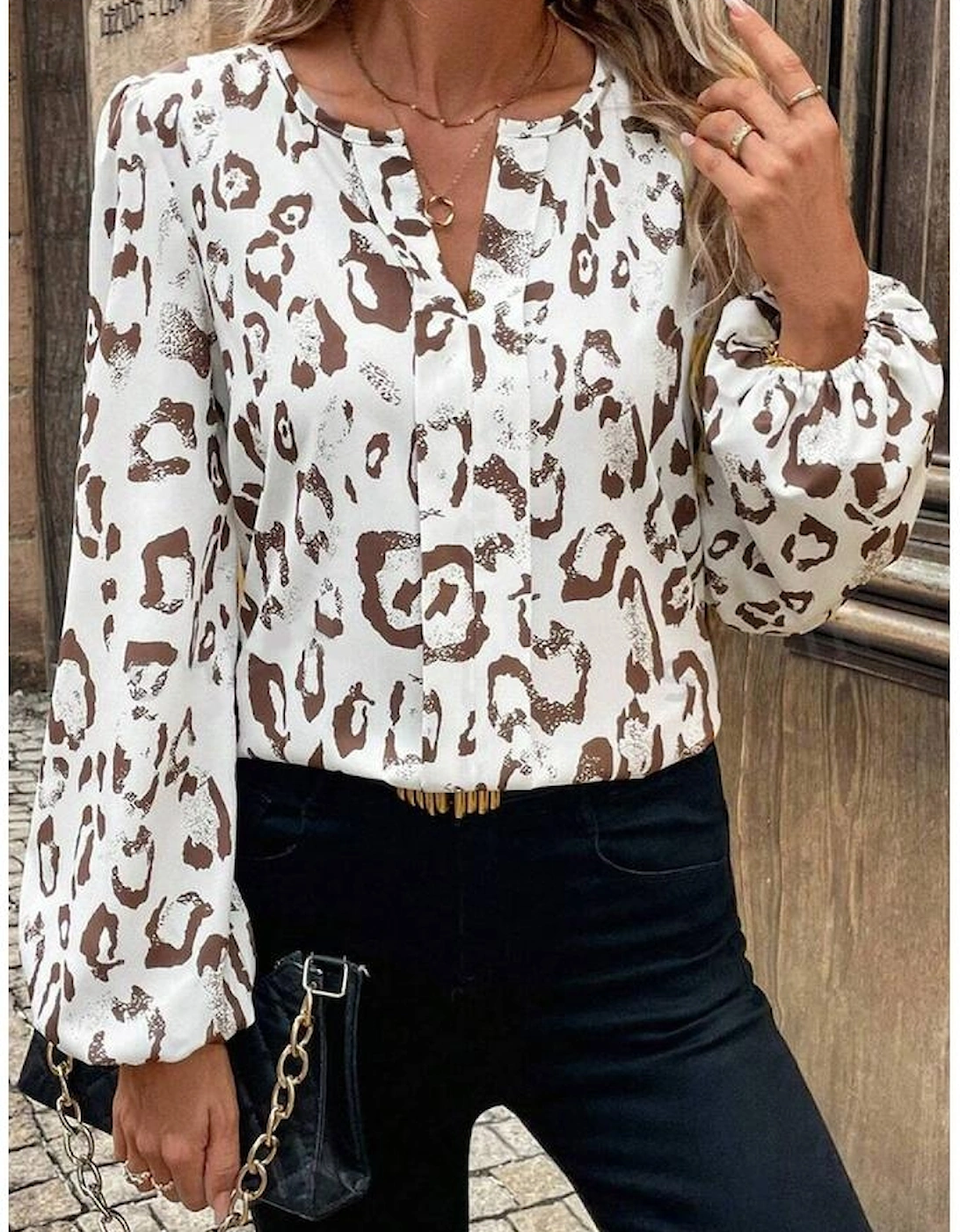Khaki Leopard Print Split Neck Balloon Sleeve Blouse
