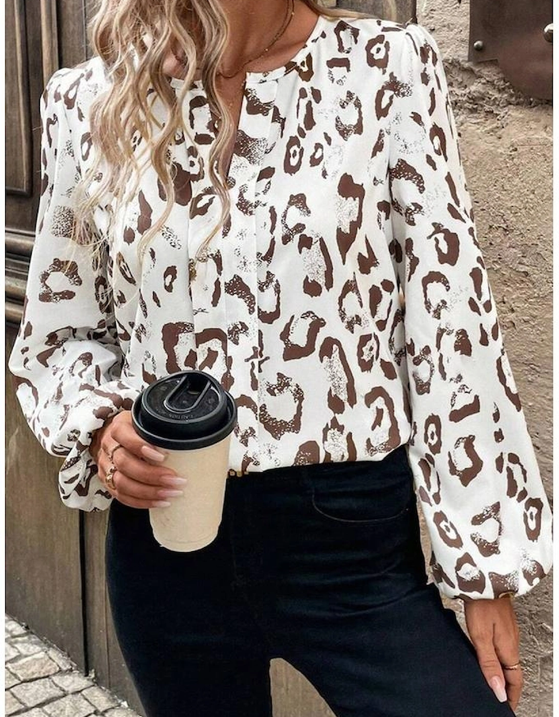 Khaki Leopard Print Split Neck Balloon Sleeve Blouse