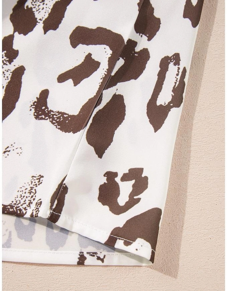 Khaki Leopard Print Split Neck Balloon Sleeve Blouse