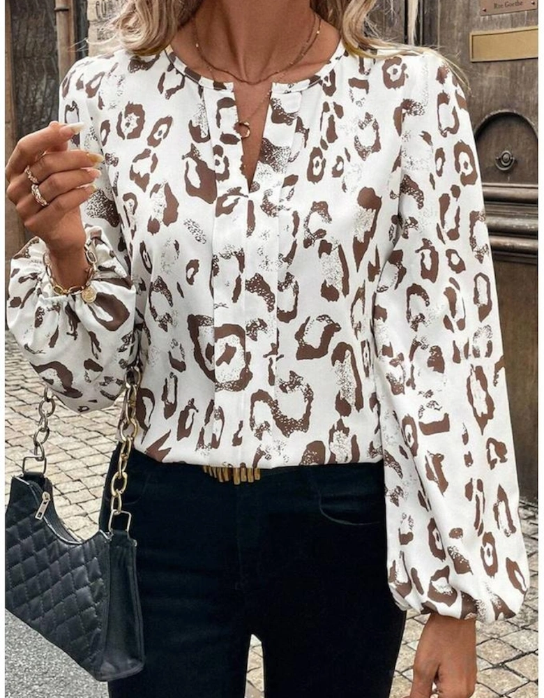 Khaki Leopard Print Split Neck Balloon Sleeve Blouse