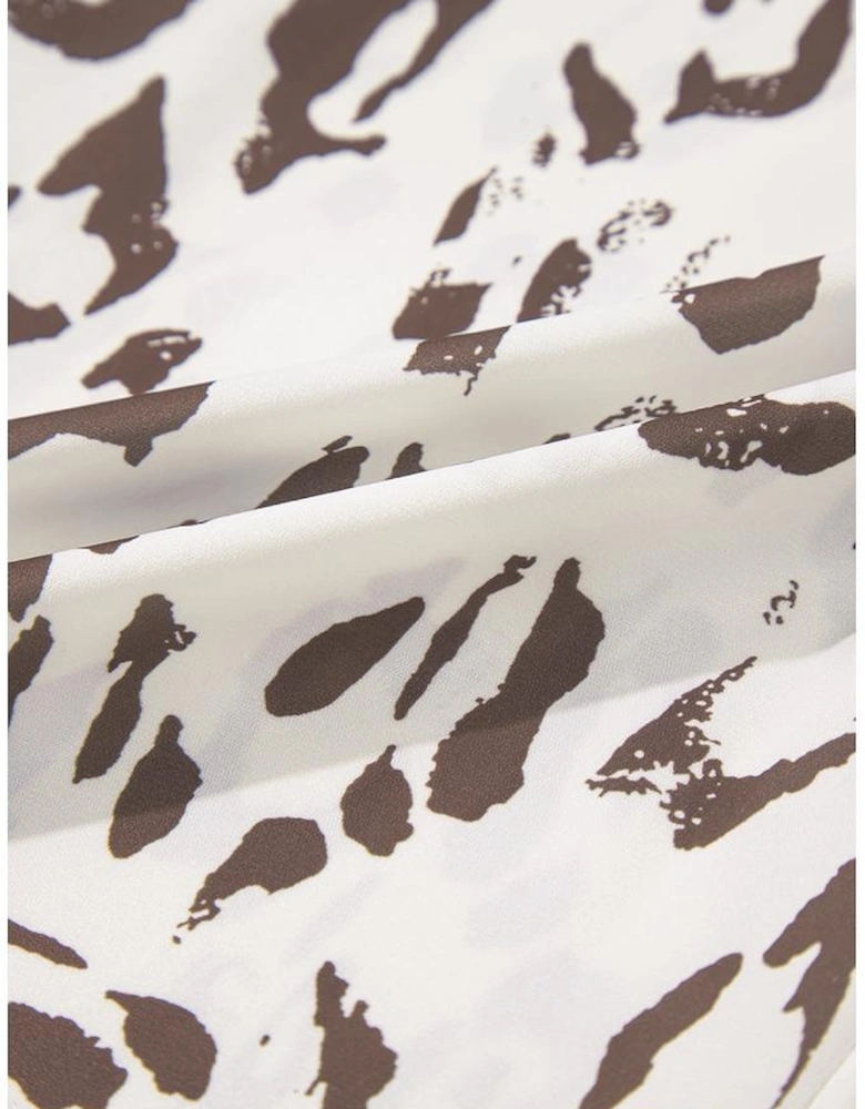 Khaki Leopard Print Split Neck Balloon Sleeve Blouse