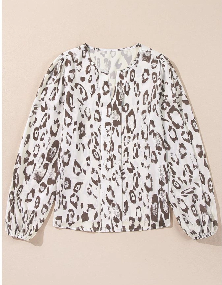 Khaki Leopard Print Split Neck Balloon Sleeve Blouse