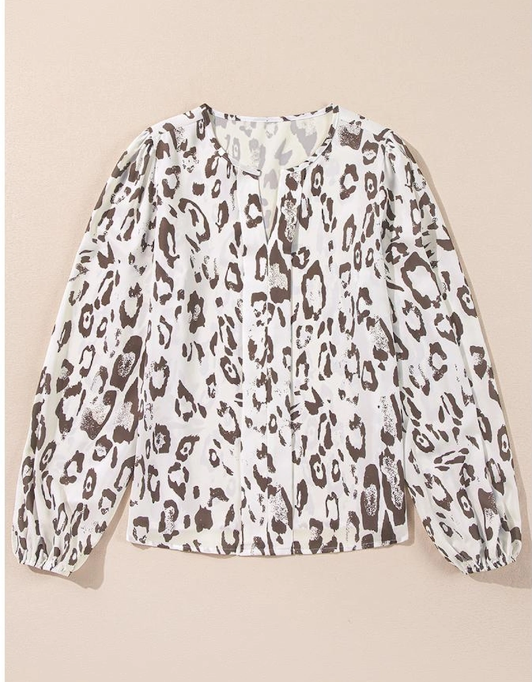 Khaki Leopard Print Split Neck Balloon Sleeve Blouse