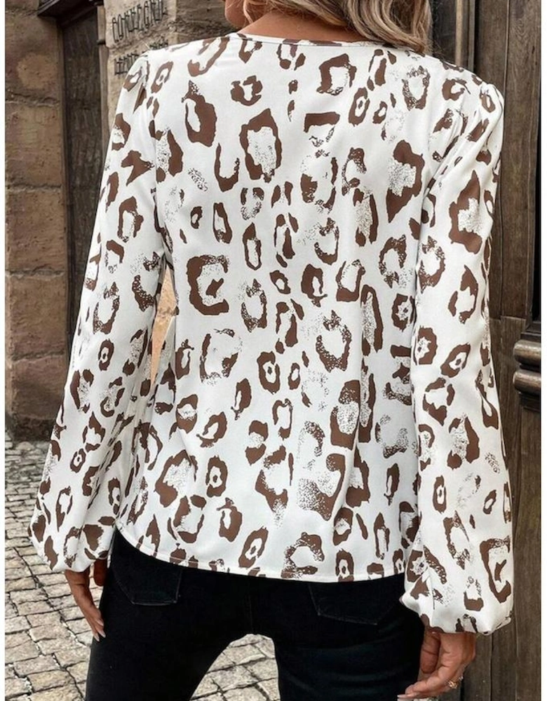 Khaki Leopard Print Split Neck Balloon Sleeve Blouse