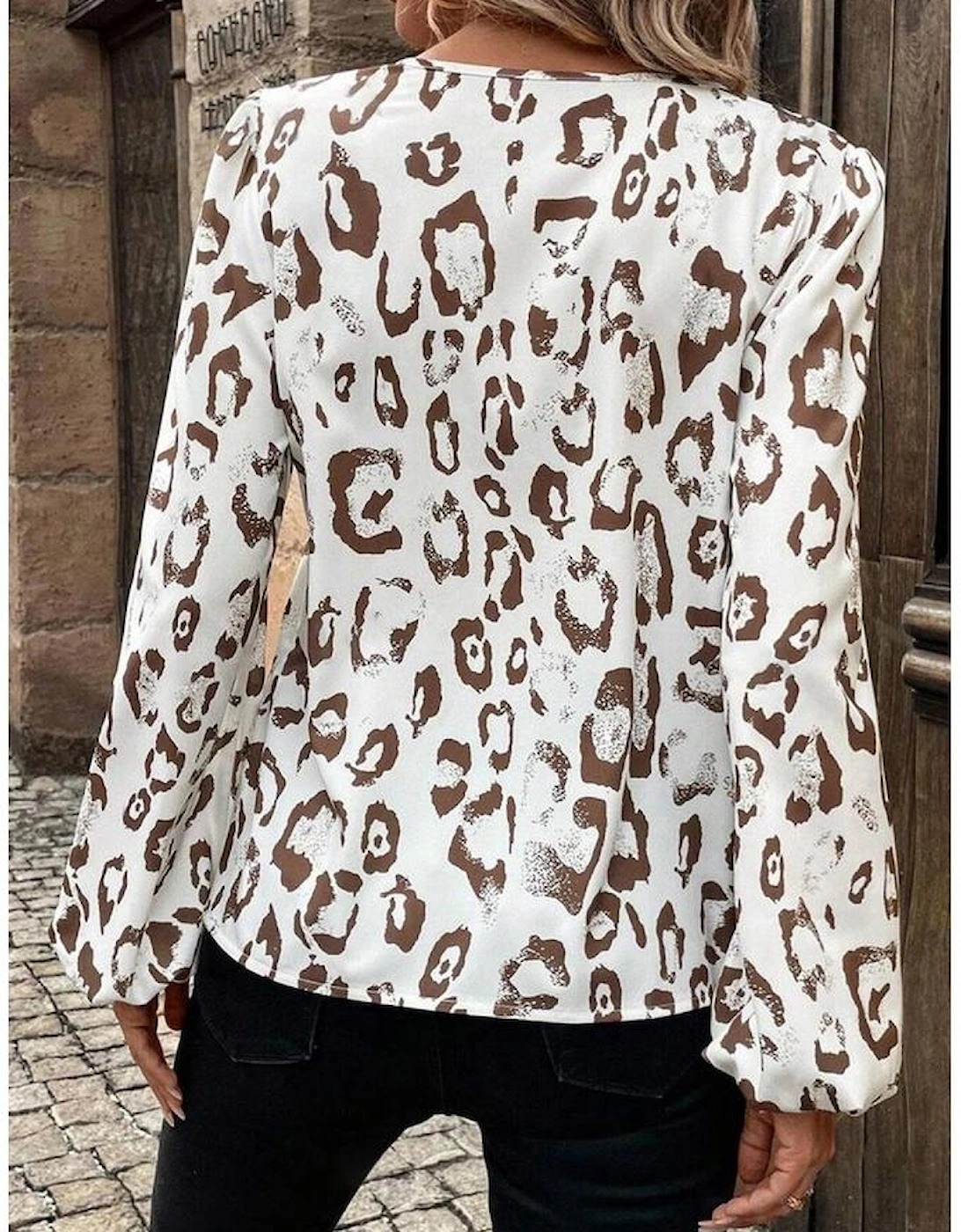 Khaki Leopard Print Split Neck Balloon Sleeve Blouse
