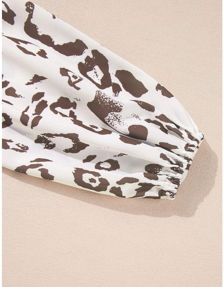 Khaki Leopard Print Split Neck Balloon Sleeve Blouse