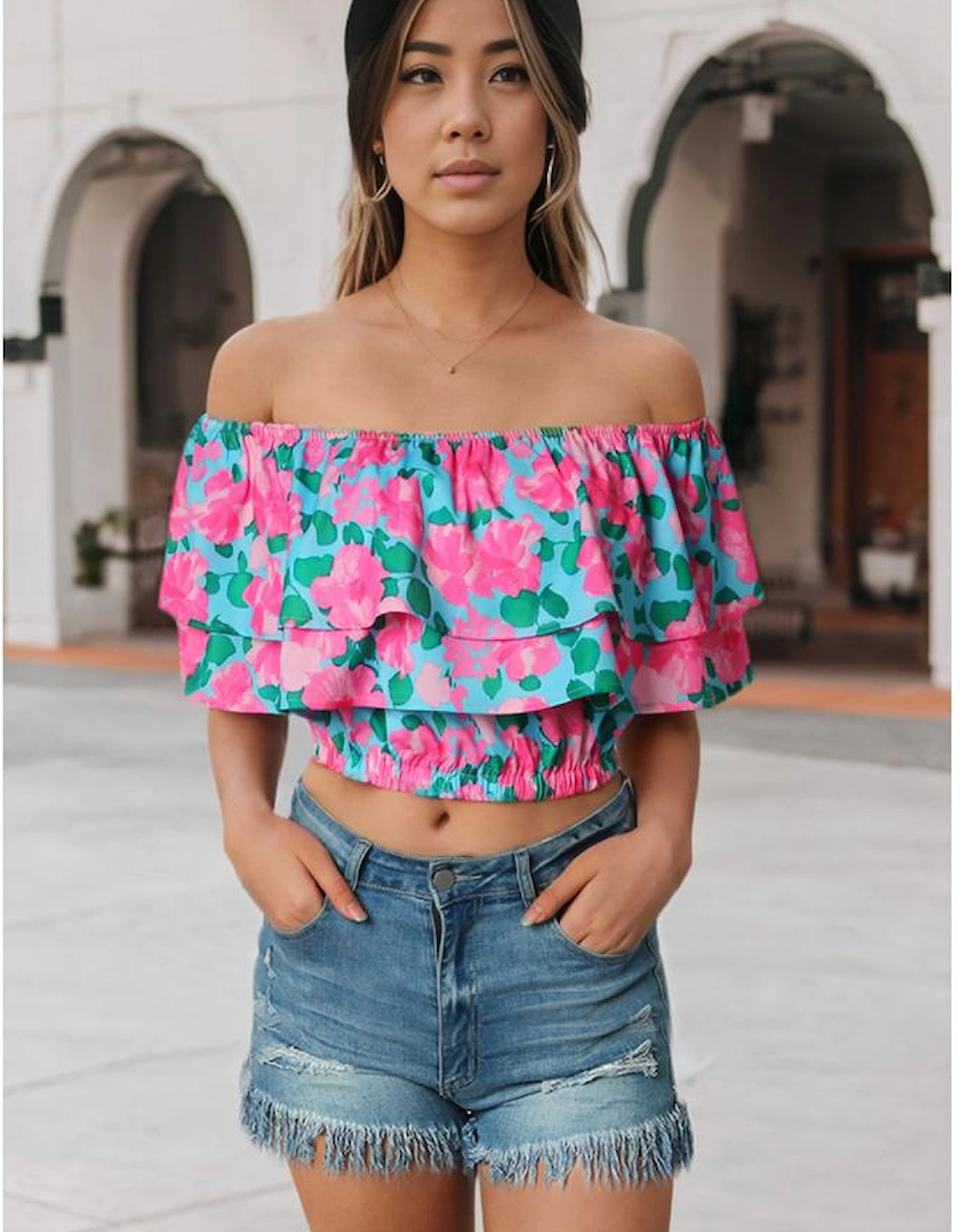 Rose Floral Off-Shoulder Tiered Ruffle Blouse