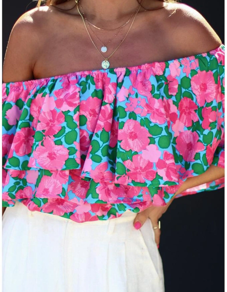 Rose Floral Off-Shoulder Tiered Ruffle Blouse