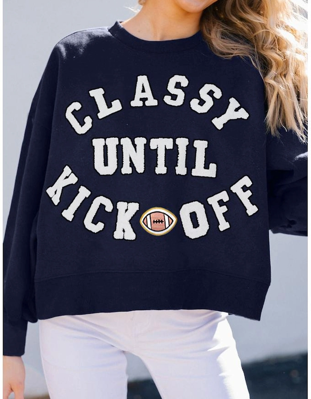 Navy Blue CLASSY UNTIL KICKOFF Plush Letter Patched Loose Sweatshirt
