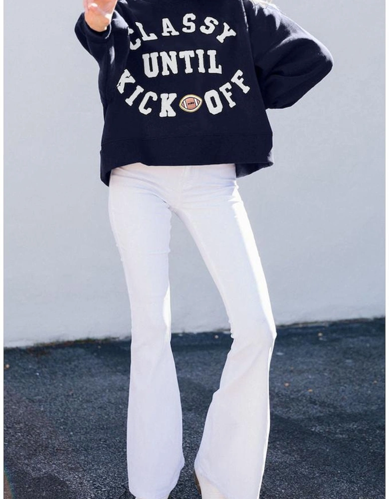 Navy Blue CLASSY UNTIL KICKOFF Plush Letter Patched Loose Sweatshirt